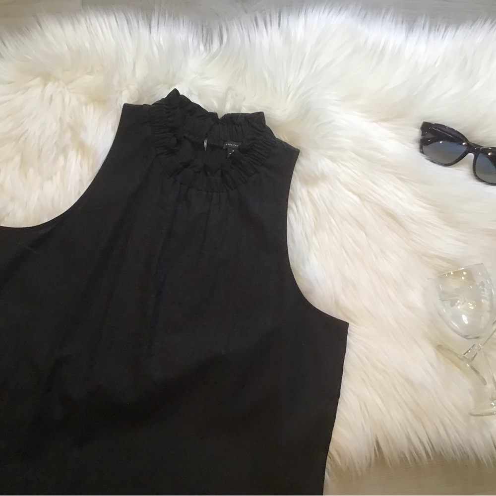 Ann Taylor Black Sleeveless Top with Ruffled Neckline